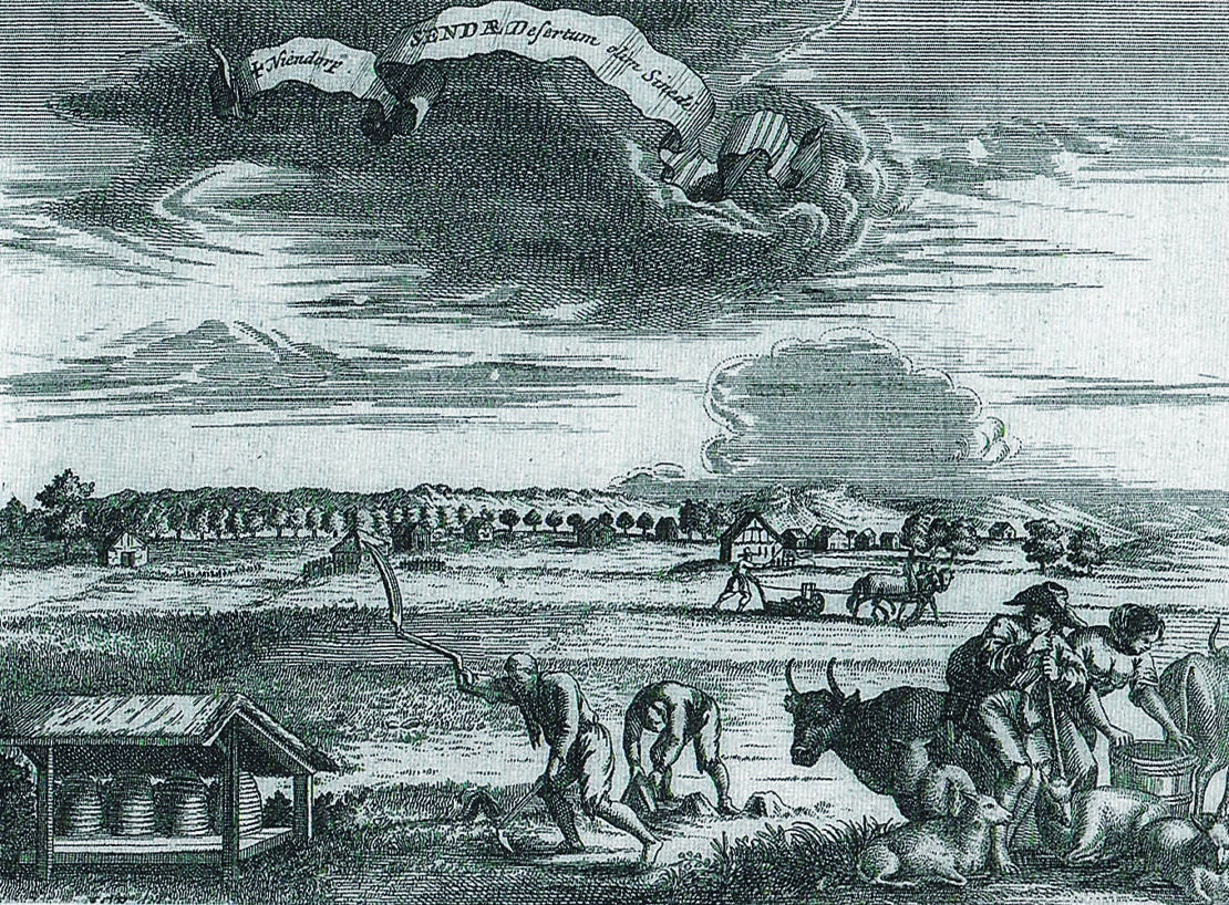 Johann Georg Rudolphi (1633–1693) zeichnete das harte Leben der Bewohner in der "Senne-­Wüste" um 1700. Der Kupferstich nach der Zeichnung gehört zu den Illustrationen der 1713 in Amsterdam erschienenen "Monumenta Paderbornensia". Foto: Flüter