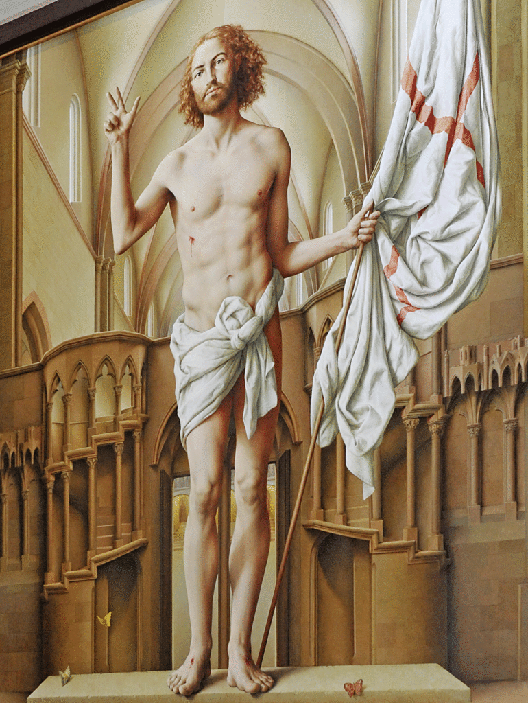 Auf der Rückseite hat Triegel den auferstandenen Jesus dar­gestellt.